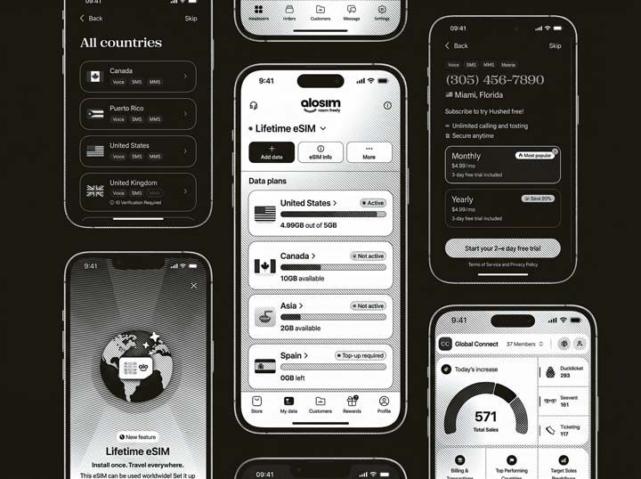 AffinityClick — aloSIM & Hushed mobile app mockups
