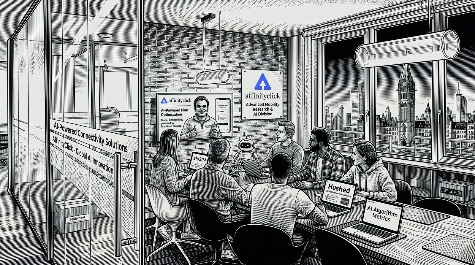 Illustration of the AffinityClick Advanced Mobility Research & AI Division team collaborating in a glass-walled meeting room with laptops, with Parliament Hill visible through the window