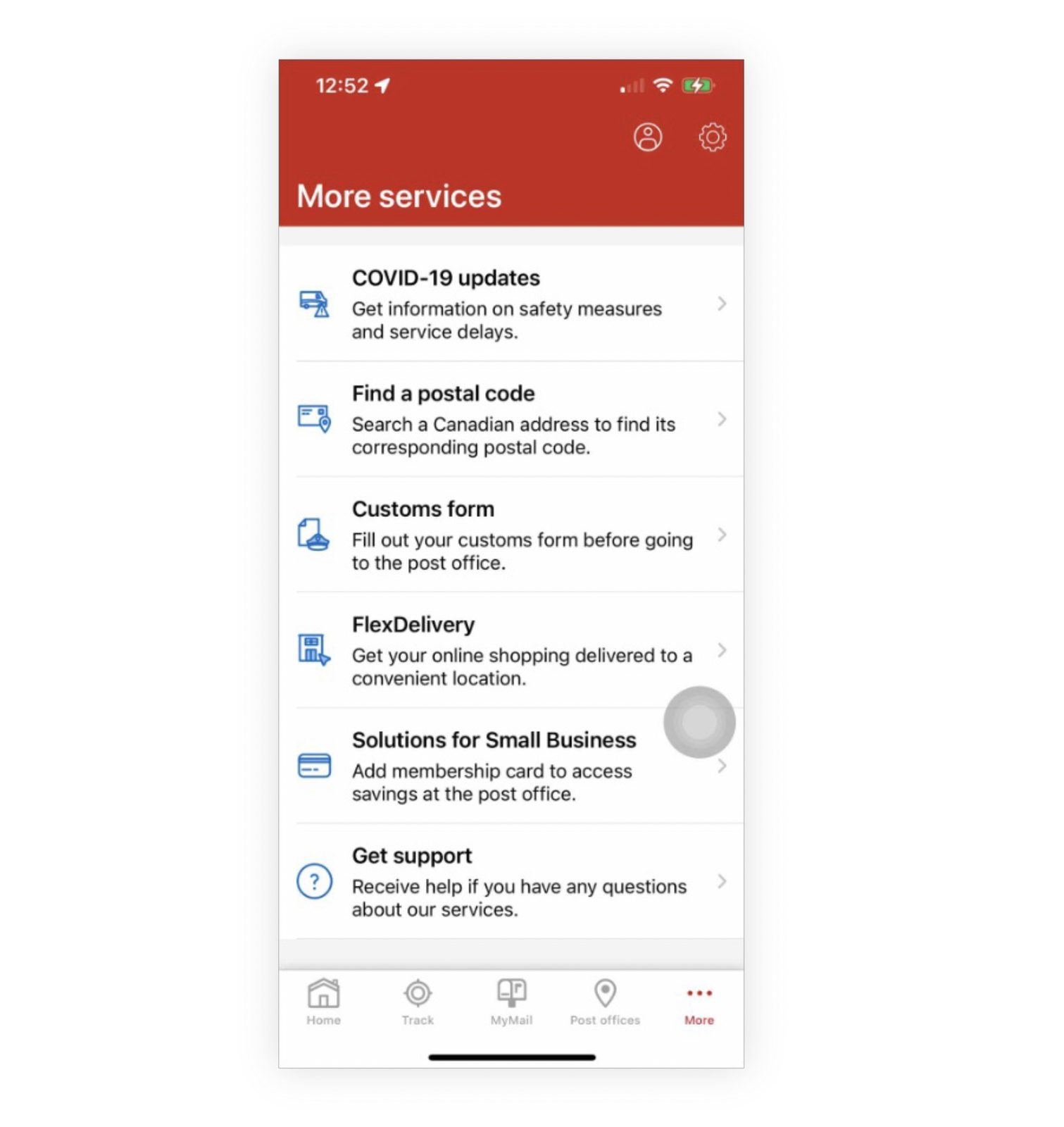More services page listing COVID-19 updates, Find a postal code, Customs form, FlexDelivery, Solutions for Small Business, and Get support in a flat list