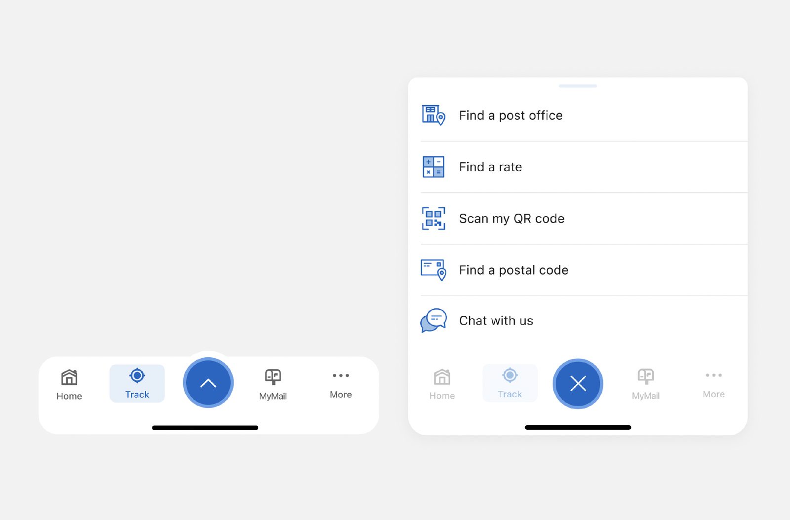 Introduction of the actions panel — collapsed tab bar with a central elevated action button (left), and the expanded panel revealing Find a post office, Find a rate, Scan my QR code, Find a postal code, Chat with us (right)