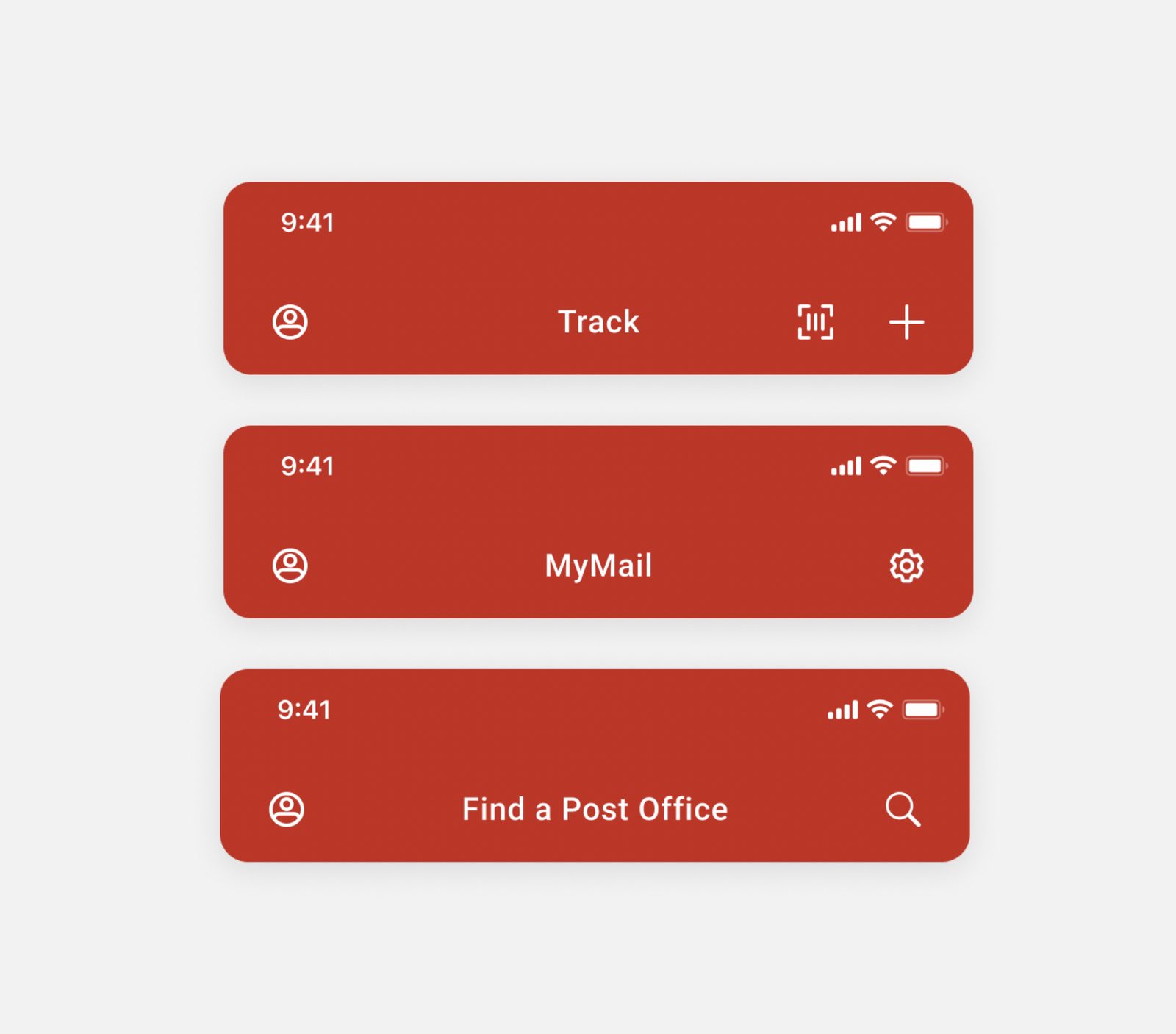 Three unified red top action bars — Track (with profile, scan, plus actions), MyMail (with profile, settings), and Find a Post Office (with profile, search)